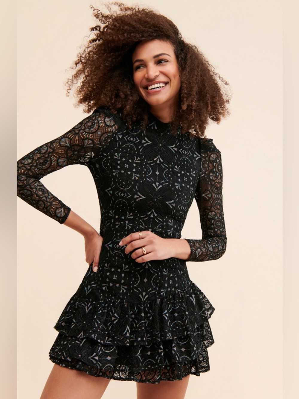 Yumi Kim Robyn Long Sleeve Mini Dress - Black Lace